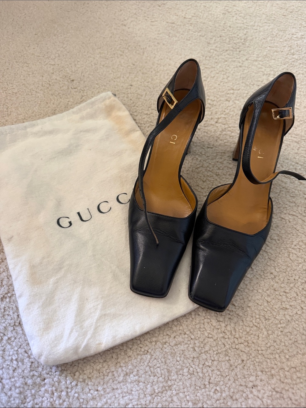 Gucci Black Leather Square-Toe Ankle-Strap Heels with Gold Buckles
